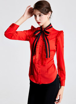 Solid Color Falbala Tied Slim Blouse