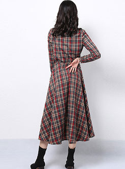 Lapel Long Sleeve Plaid Maxi Dress