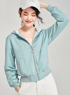 Hooded Pure Color Loose Zipper Jacket