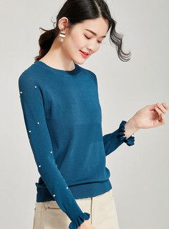Brief O-neck Beaded Slim Pullover Sweater