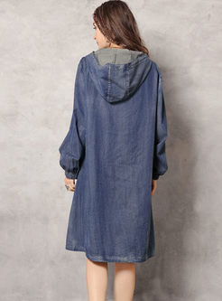 Denim Embroidered Hooded Shift Dress