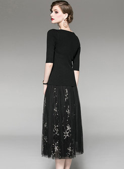 Black V-neck Knitted Top & Mesh Sequined Skirt