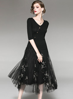 Black V-neck Knitted Top & Mesh Sequined Skirt