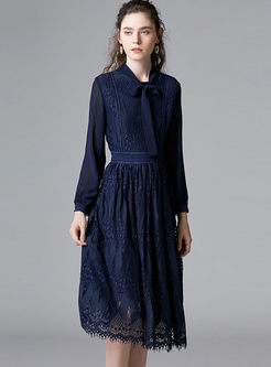 Solid Color Tie-collar Lace Midi Dress