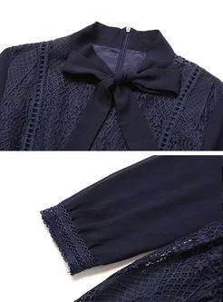 Solid Color Tie-collar Lace Midi Dress