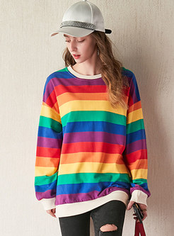 Chic O-neck Color-blocked Rainbow Sweater