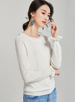 O-neck Beaded Hollow Out Splicing Sweater
