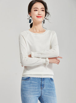 O-neck Beaded Hollow Out Splicing Sweater