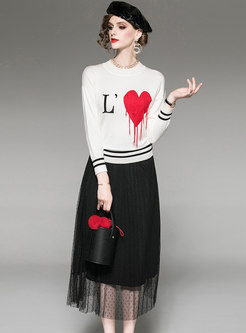 Heart Pattern Tassel Knitted Top & Mesh Skirt