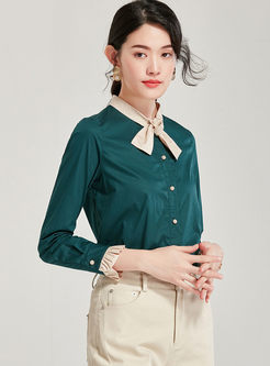 Color-blocked Bowknot Long Sleeve Blouse