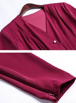 Pure Color V-neck Long Sleeve Skater Dress