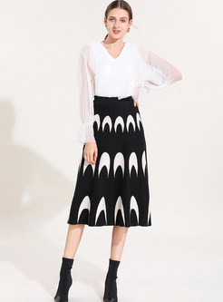 V-neck Mesh Patchwork Blouse & A Line Skirt