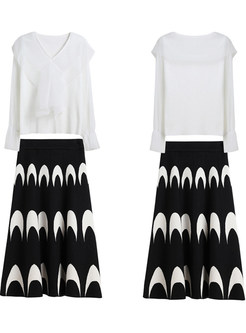 V-neck Mesh Patchwork Blouse & A Line Skirt