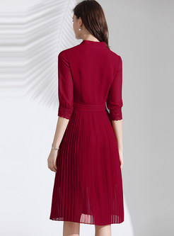 Red V-neck 3/4 Sleeve Waist Dress