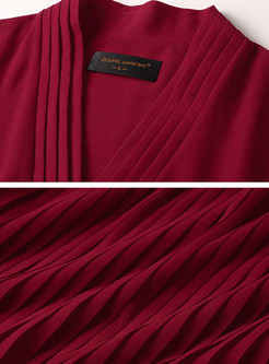 Red V-neck 3/4 Sleeve Waist Dress