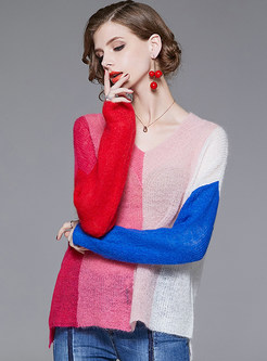 Fashion V-neck Long Sleeve Rainbow Sweater