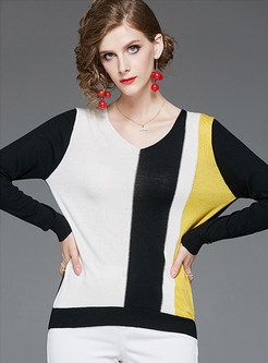 Brief V-neck Long Sleeve Color-blocked Wool Sweater 