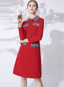 Red Lapel Leopard Color-blocked A Line Dress