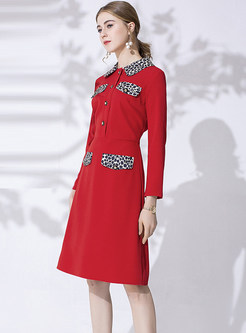 Red Lapel Leopard Color-blocked A Line Dress