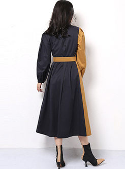 Color-blocked Lapel Long Sleeve Trench Coat