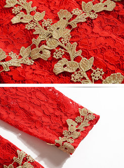 Red O-neck Embroidered Lace Mermaid Dress