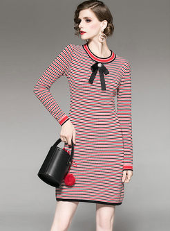 O-neck Striped Slim Knitted Dress