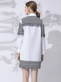 White Lapel Patchwork Plaid Tassel Dress