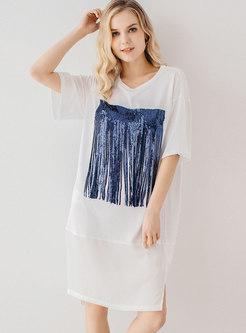 Brief Sequined Tassel Loose T-shirt Dress