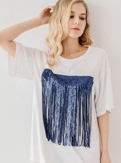 Brief Sequined Tassel Loose T-shirt Dress