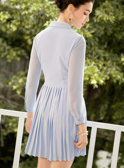 Work Notched Long Sleeve Pleated Dress