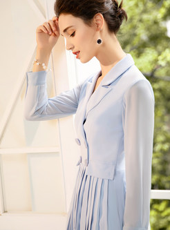 Work Notched Long Sleeve Pleated Dress