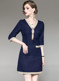 Elegant V-neck Ribbon Spliced Tweed Sheath Dress