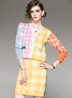 V-neck Color-blocked Plaid Sweater Suit Dress