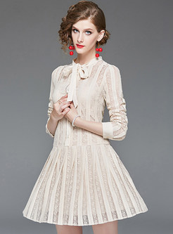 Tie-collar Lace Pleated Beige Dress