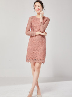 Red O-neck Long Sleeve Openwork Lace Dress