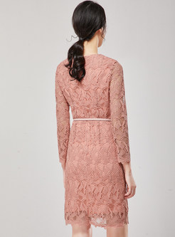 Red O-neck Long Sleeve Openwork Lace Dress