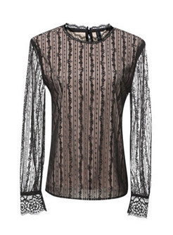 Black O-neck Perspective Sleeve Lace Top