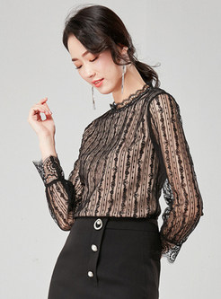 Black O-neck Perspective Sleeve Lace Top