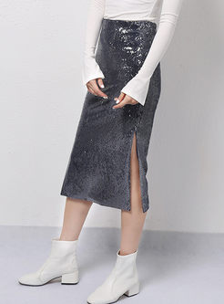 High Waisted Sequin Slit Bodycon Skirt