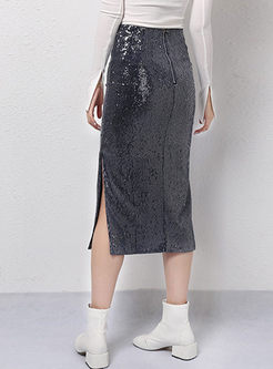 High Waisted Sequin Slit Bodycon Skirt