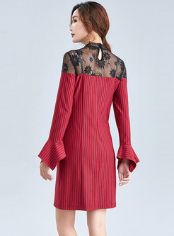 Irregular Long Sleeve Double-breasted Splicing Lace Dress