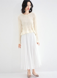 Chic O-neck Pleated Slim Pullover Sweater