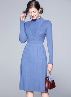 Brief Beaded Long Sleeve Knitted Dress