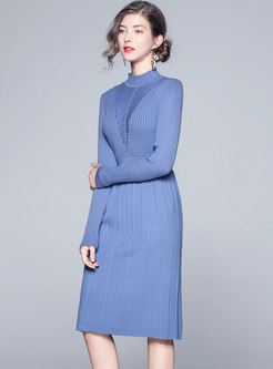 Brief Beaded Long Sleeve Knitted Dress
