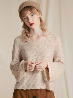 Retro V-neck Cute Flare Sleeve Loose Sweater