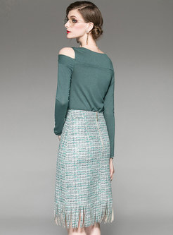 Stylish Off Shoulder T-shirt & Embroidered Sheath Skirt