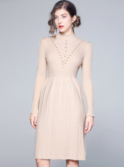 Solid Color Beaded High Waist Knitted Dress