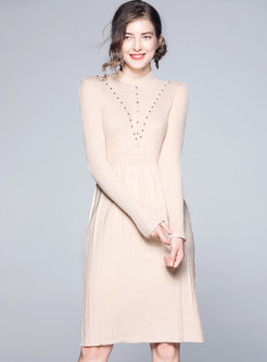 Solid Color Beaded High Waist Knitted Dress