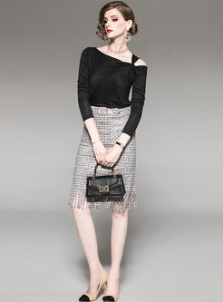 Black Off Shoulder T-shirt & Embroidered Sheath Skirt