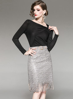 Black Off Shoulder T-shirt & Embroidered Sheath Skirt
